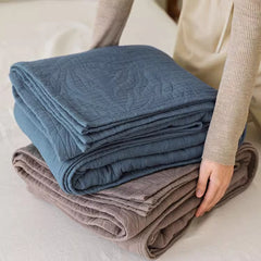 Premium Cotton Yarn Woven Throw Blanket: "Leaf-Gray" Double-Layer