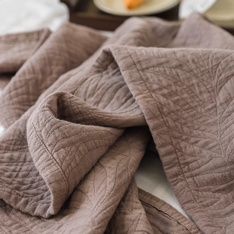 Premium Cotton Yarn Woven Throw Blanket: "Leaf-Gray" Double-Layer