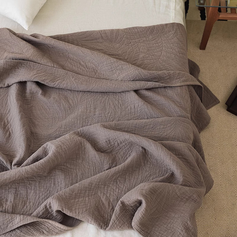 Premium Cotton Yarn Woven Throw Blanket: "Leaf-Gray" Double-Layer